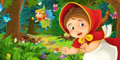 cartoon scene with young girl and happy dog in the forest going somewhere and fairy flying over - illustration