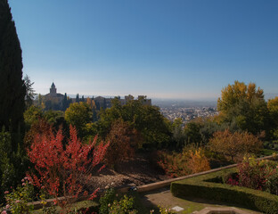 Wide angle view of gardens of Alhambra,  Granada - Spain, a palace and fortress complex,  It was originally constructed as a small fortress