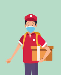 delivery service worker wearing medical mask and box