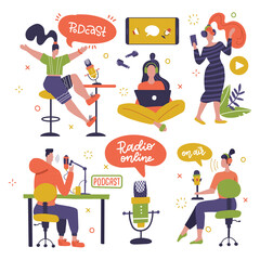 Podcast recording and listening set. People sitting with microphones at table making online radio stream content and listening with headphones. Isolated flat vector illustration. bubble with lettering