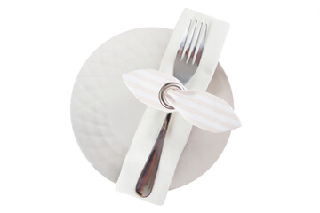 Serving on a beige plate with a napkin and fork. An isolated object. Copy of the space.Top view.