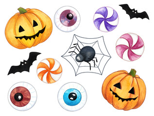 Happy Halloween collection with pumpkins, sweets and bat. Cute holiday symbols. Hand drawn watercolour painting on white background. Coloful halloween set