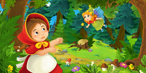 cartoon scene with young girl and happy dog in the forest going somewhere and fairy flying over - illustration