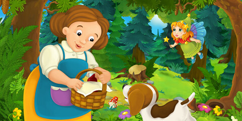 cartoon scene with young girl and happy dog in the forest going somewhere and fairy flying over - illustration