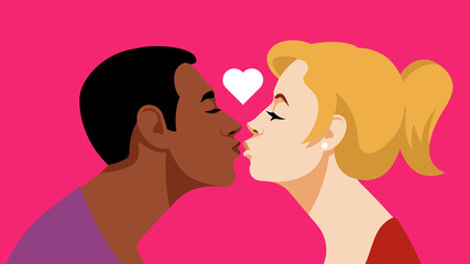 Kiss. A young guy kisses a young pretty girl. The concept of the first kiss, date, relationship. Brunette guy and blonde girl. A couple of lovers. Vector illustration for Valentine's Day.