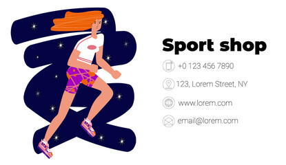 Vector flat illustration layout, template business card for sports store, school for athletes, runners. There is space for address. Young woman is shown running.