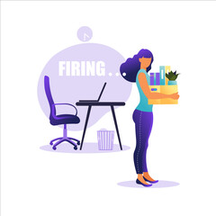 Vector illustration of firing employee.  Woman standing with offices box with things. Unemployment concept, crisis, jobless and employee job reduction. Job loss.
