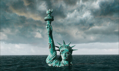 Apocalyptic water view. Old Statue of liberty in Storm. 3D rendering