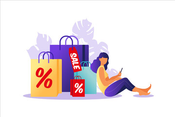 Young woman sitting with paper bags. Concept of online and offline shopping, sale, discount. Vector illustration for web banner, infographics, mobile. Illustration in flat style. 