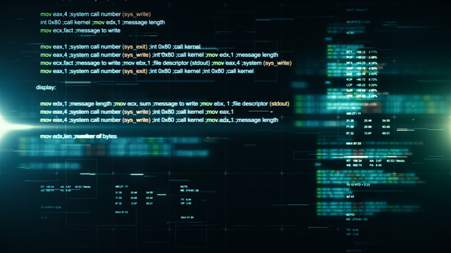 Abstract background with program code typing in cyber space. Software source data scrolling on a screen for futuristic concept.