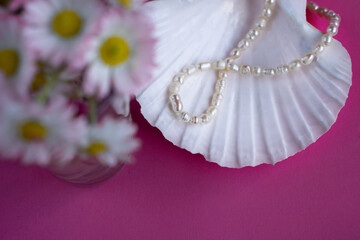 pearl beads lie on a shell  with pink petals of daisies on a purple pink background. Flat lay. Top view.
