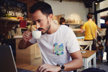  handsome man reading text message during work on net-book in comfortable coffee shop