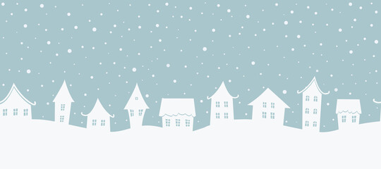 Christmas background. Winter landscape. Seamless border. There are white houses on a gray blue background. Vector illustration