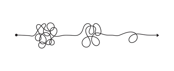 Tangled line, complex knot rests in straight line, isolated vector illustration