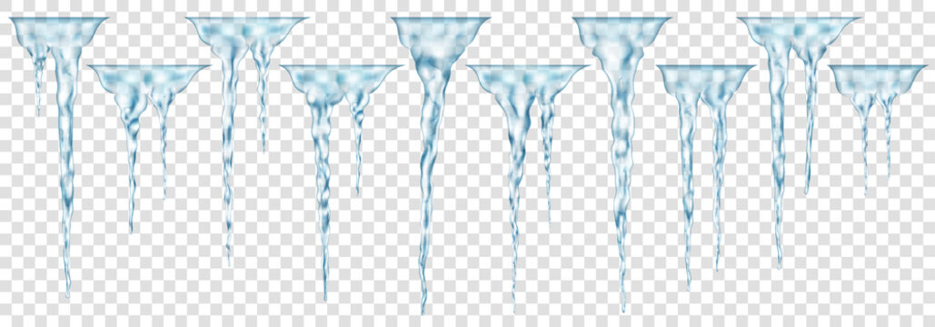 Set of groups of translucent light blue realistic icicles of different lengths connected at the top. For use on light background. Transparency only in vector format