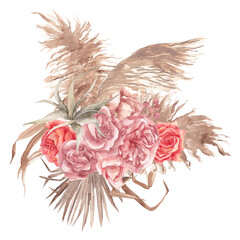 Boho bouquet with watercolor hand draw flowers, rose, pampas grass, palm leaves, branches, isolated on white background