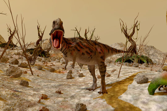 Dinosaur. Prehistoric Jungle, landscape, valley with Dinosaurs. 3d render