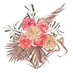 Fototapeta premium Boho bouquet with watercolor hand draw flowers, rose, pampas grass, palm leaves, branches, isolated on white background