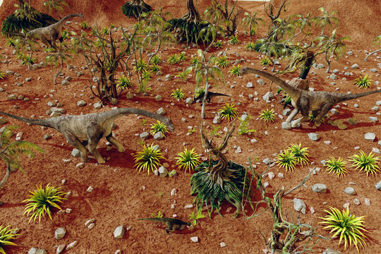 Dinosaur. Prehistoric Jungle, landscape, valley with Dinosaurs. 3d render