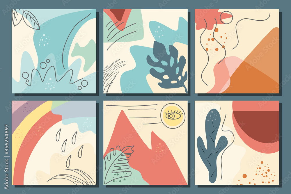 Poster set of abstract backgrounds, drawn with various shapes and doodles objects