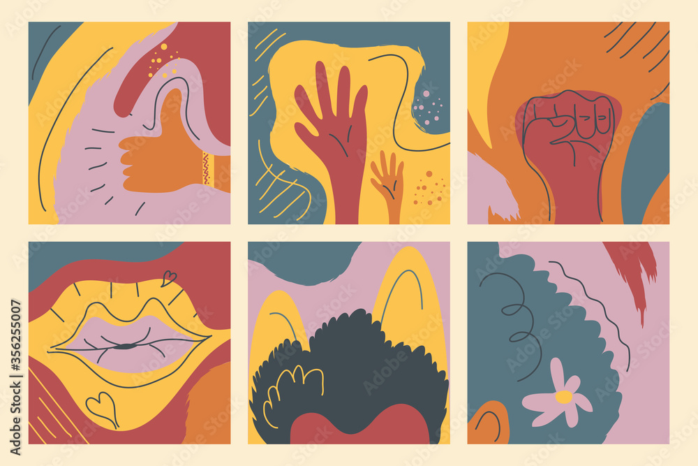 Poster set of abstract backgrounds, drawn with various shapes and doodles objects