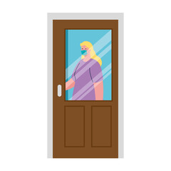 Woman avatar with mask behind door design of Stay at home theme Vector illustration