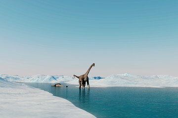 Dinosaur. Prehistoric snow landscape, ice valley with Dinosaurs. Arctic view. 3d rendering © 3D motion