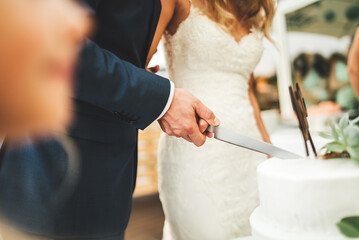 Close up of wedding cake cutting. Newlyweds holding knife together and slicing white wedding cake. Wedding day concept.
