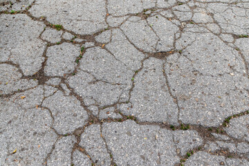 The rough texture of the old cracked concrete surface of the earth. Between cracks in concrete grass sprouts. Concreted ground.