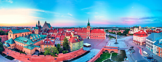 Beautiful panoramic aerial drone view on Warsaw Old town (POL: Stare Miasto) - the oldest district...