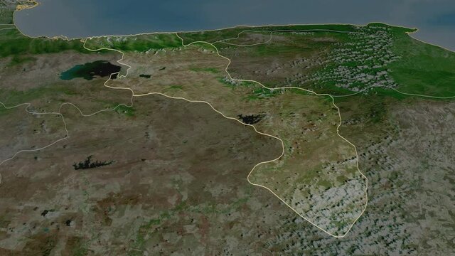 Aragua, state with its capital, zoomed and extruded on the satellite map of Venezuela in the conformal Stereographic projection. Animation 3D