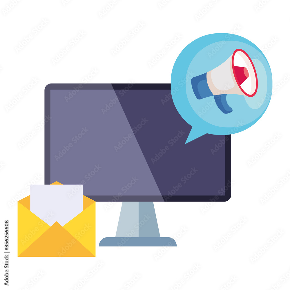 Poster computer with envelope and megaphone inside bubble design, digital marketing and ecommerce theme vec