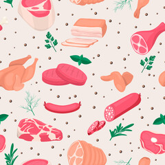 Vector Seamless Pattern with Fresh Pieces of Raw Meat, Chicken, Sausage, Rib Eye, Tenderloin Fillet, Ham, Bacon, Greens Isolated in Cartoon Style. Food, BBQ Concept, Design Template for Menu, Shop