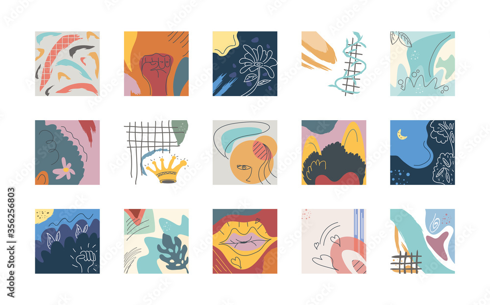 Poster set of abstract backgrounds, drawn with various shapes and doodles objects