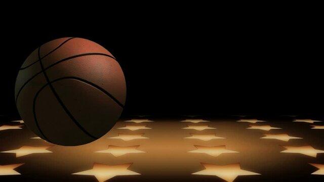 Basketball rotating on scrolling stars background