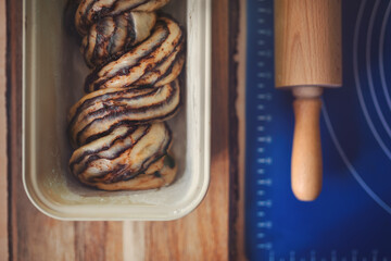 Babka, traditional jewish bread-like cake swirled with chocolate or cinnamon and often topped with...