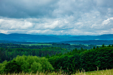 Fototapeta na wymiar View at Beskides mountains in Lower Silesia in summer