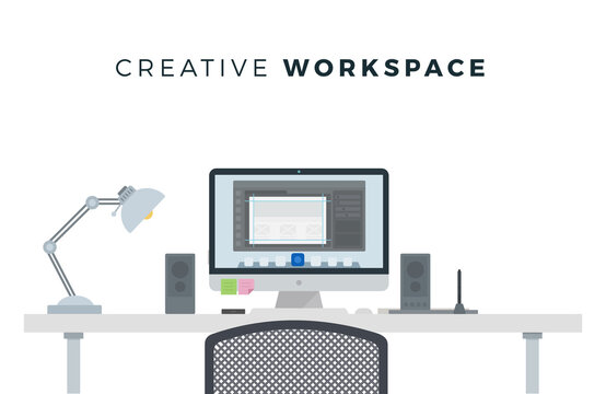 Minimalist work space with desk lamp, speakers, desktop on white background