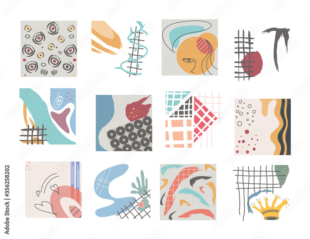 Poster set of abstract backgrounds, drawn with various shapes and doodles objects