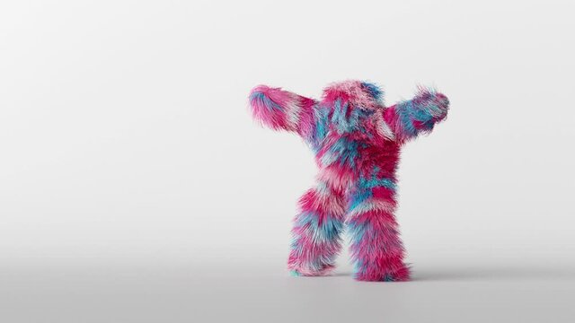 3d cartoon character hairy beast dancing over white background, person wearing furry costume, funny mascot looping animation, modern minimal seamless motion design