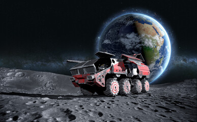 Moon rover on the . space expedition. surface. 3d rendering. Elements of this image furnished by NASA