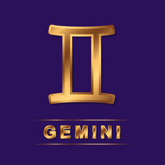 Gemini zodiac golden vector sign with gold letters on the dark purple background. Isolated vector horoscope symbol for design