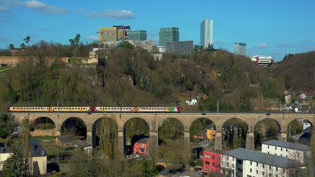 WS Train in Alzette Valley and Kirchberg Plateau in background / Luxembourg City, Grand Duchy of Luxembourg, Luxembourg