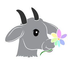 grey silhouette cartoon animal goat with a colorful flower in its mouth mammals isolated on a white background, for prints, decoration, design, textiles, decor, printing, children's website