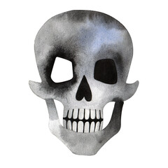 Silhouette of a human skull made in watercolor. Flat illustration. Death and bones. Isolated object.