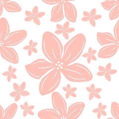 Seamless pattern illustration in cartoon style  pink Botanical flower with five petals and dots on a white background, plants, for printing decoration design, textile design fabric printing