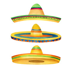 Set of sombrero hats painted with watercolor paints. National Headdress of Mexico, isolated object.