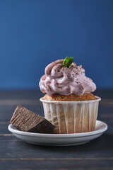 Festive cupcake with pink cream on a plate. The dessert is decorated with mint leaves and chocolate chips. Background color classic blue.