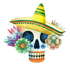 Sugar skull in a hat decorated with flowers. Watercolor illustration. Day of the dead in mexico.