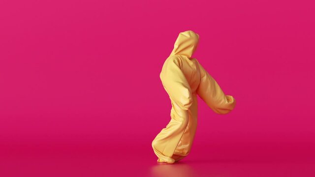 3d render, man wearing inflatable yellow halloween costume of a dumpling, cartoon character dancing hip-hop over pink background. Funny mascot looping animation, minimal seamless motion design